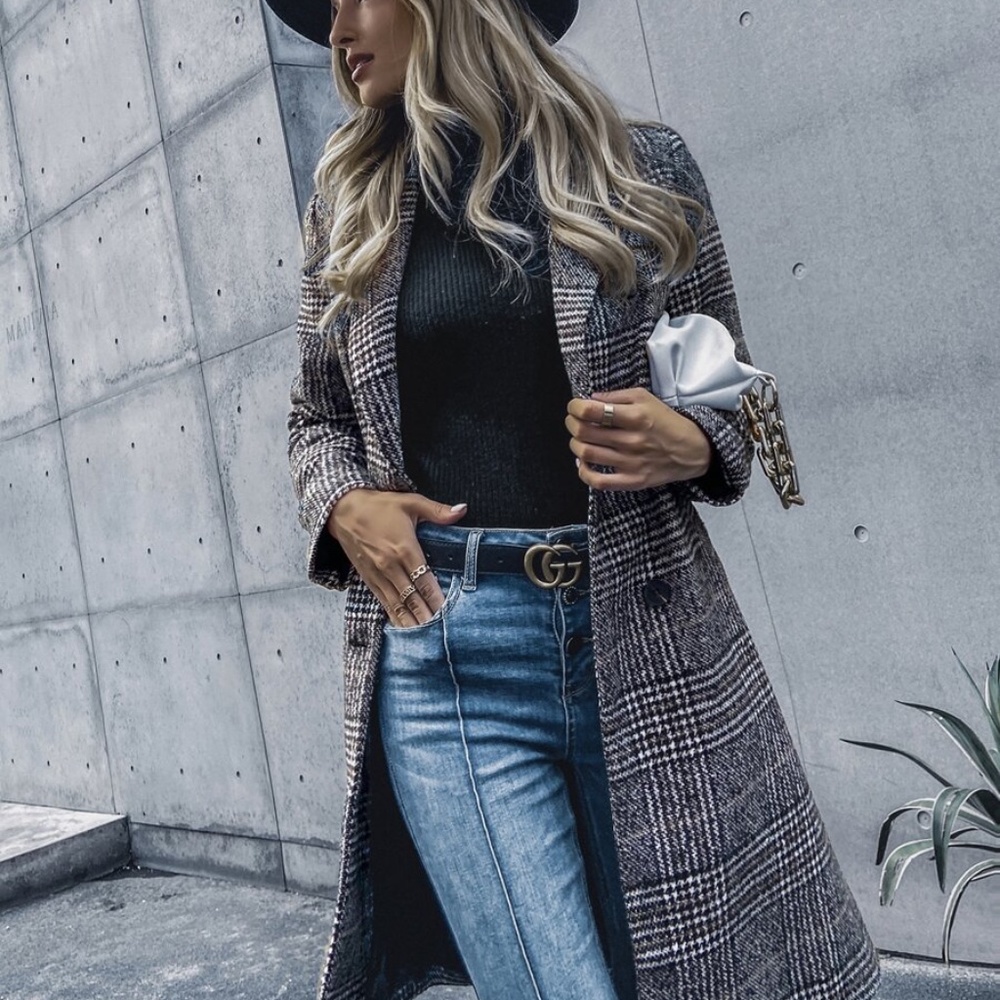 plaid trench button pea coat jacket - Picture 4 of 8